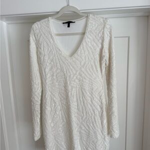 White Sequin V-Neck Long Sleeve Dress